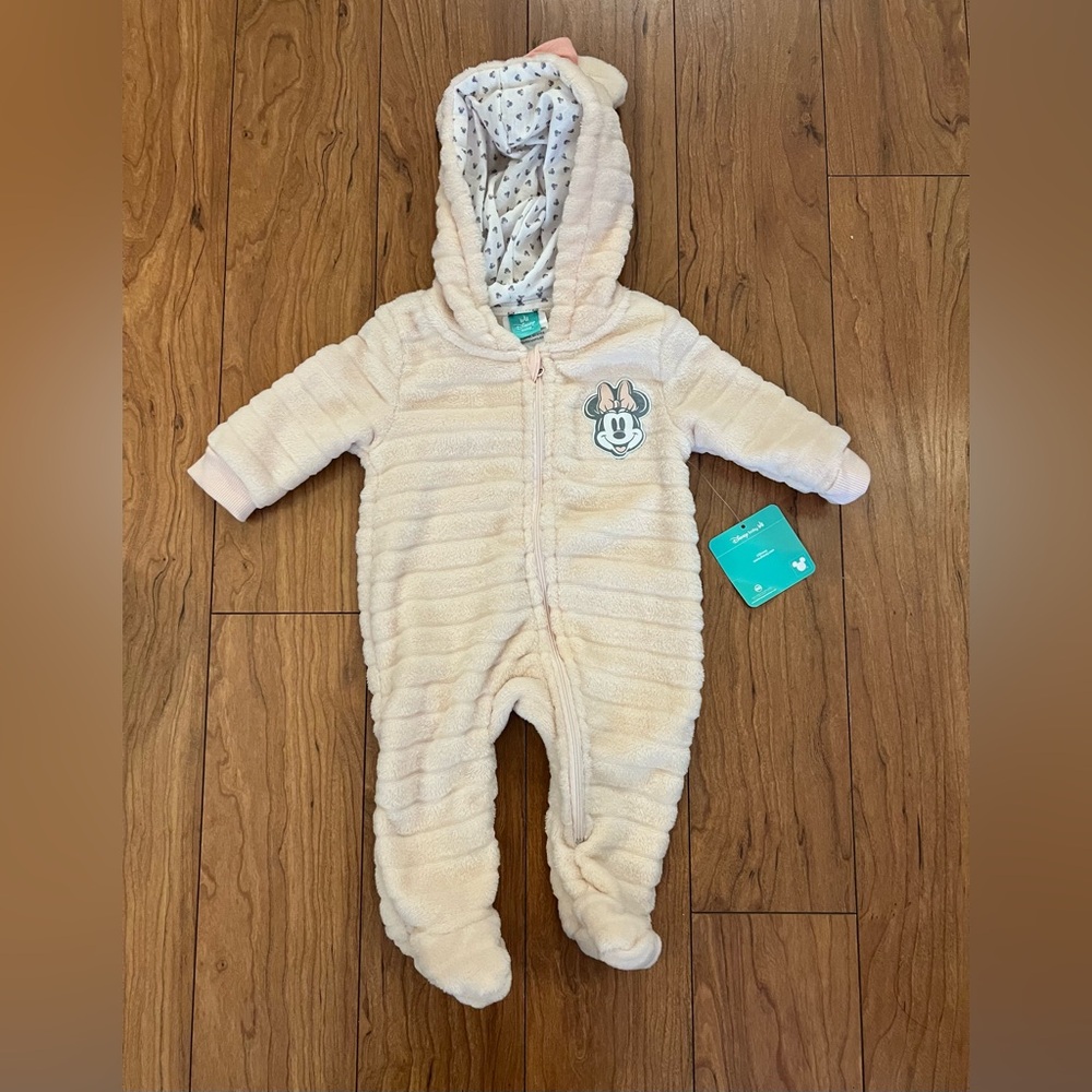 NWT Disney 3-6 Months Baby Minnie Mouse Light Pink Long Footed Coverall Hood